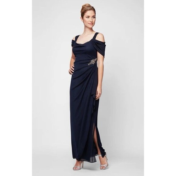 Alex Evenings Womens Size 6 Navy Blue Off Shoulder Draped Formal Gown Dress New - Picture 1 of 9